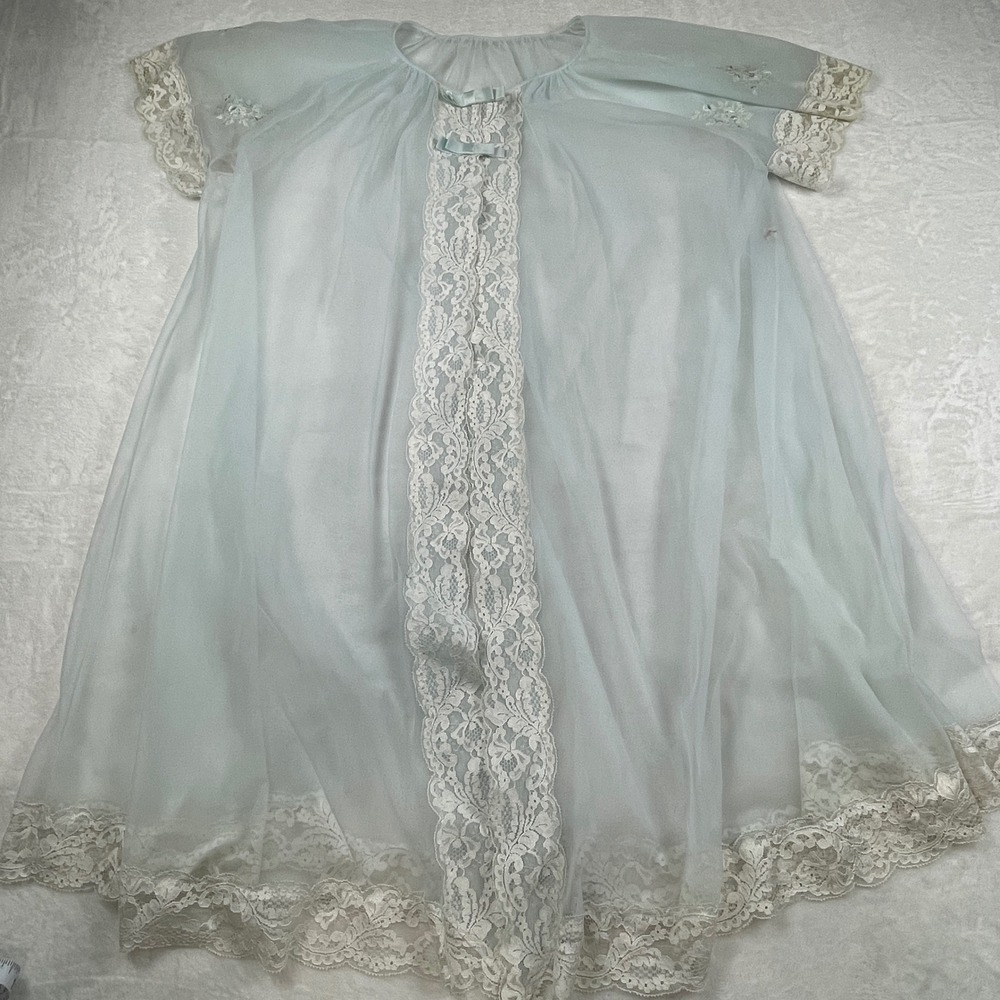 Vintage Shadowline Blue Sheer Nylon Lace Peignoir Robe Short Sleeve Medium 60s